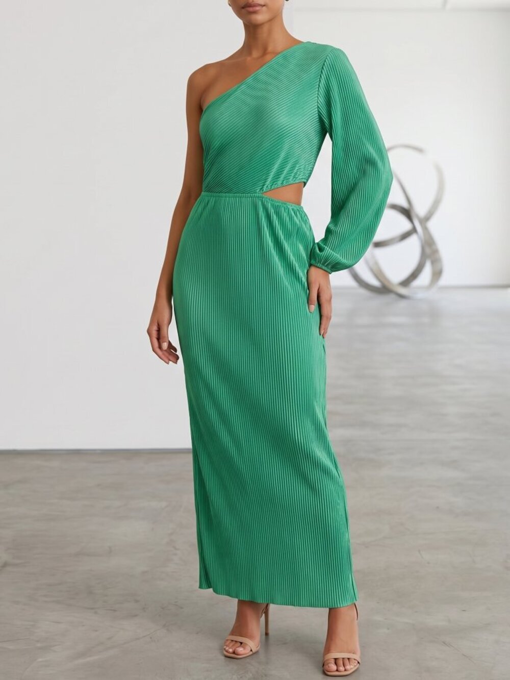 NWOT | Mint Green Pleated One Shoulder Long Sleeve Cut Out Maxi Dress | XLarge